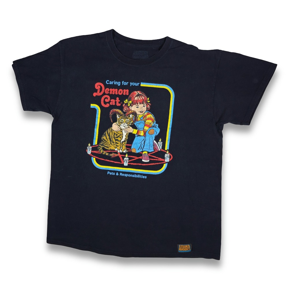 Steven Rhodes Demon Cat T-Shirt Unisex Medium Black Excellent Retro Graphic Tee